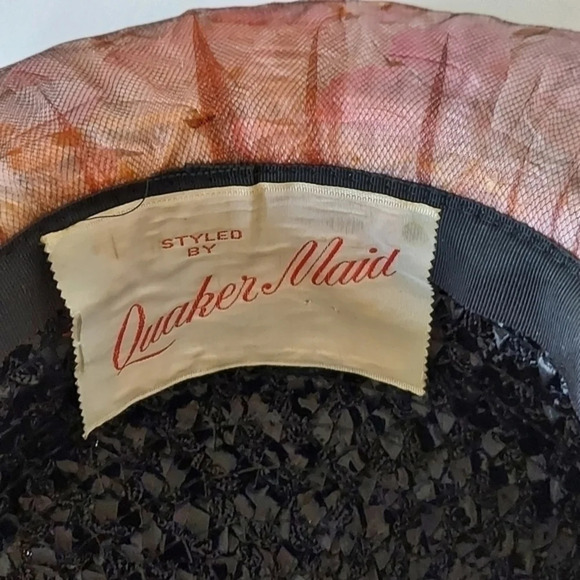 Vintage Quaker Maid Black Pink Large Brim Hat‎ with bow accent around band main image 4